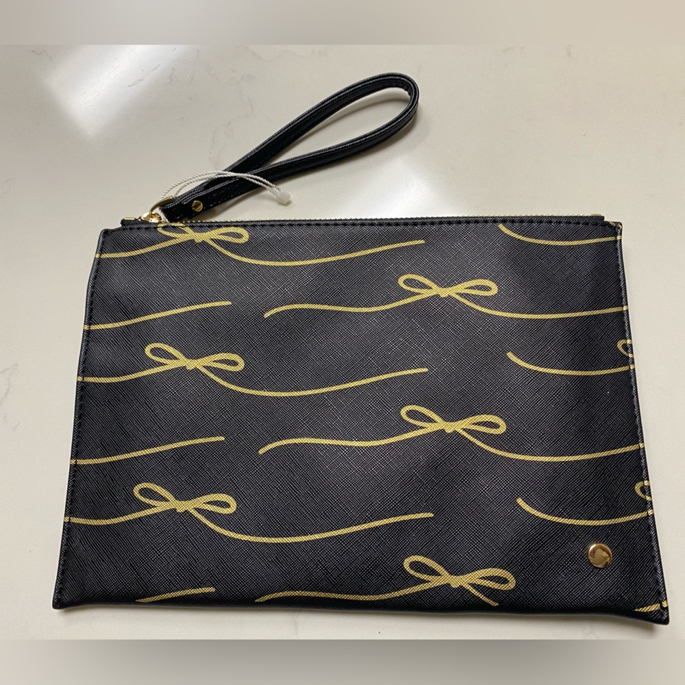Neiman Marcus Saffiano Faux Whimsical Bow Print Clutch Wristlet Bag Zip Closure